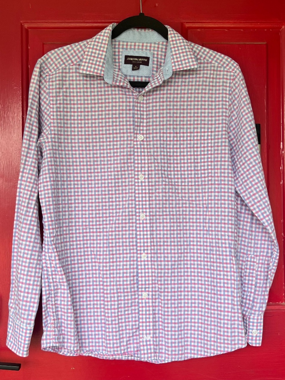Johnston & Murphy Men's Small Dress Long Sleeve Shirt Checkered Blue Pink Office